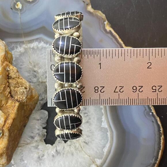 Vintage Native American Sterling Silver Channel Inlay Oval Onyx Bracelet - Picture 10 of 10
